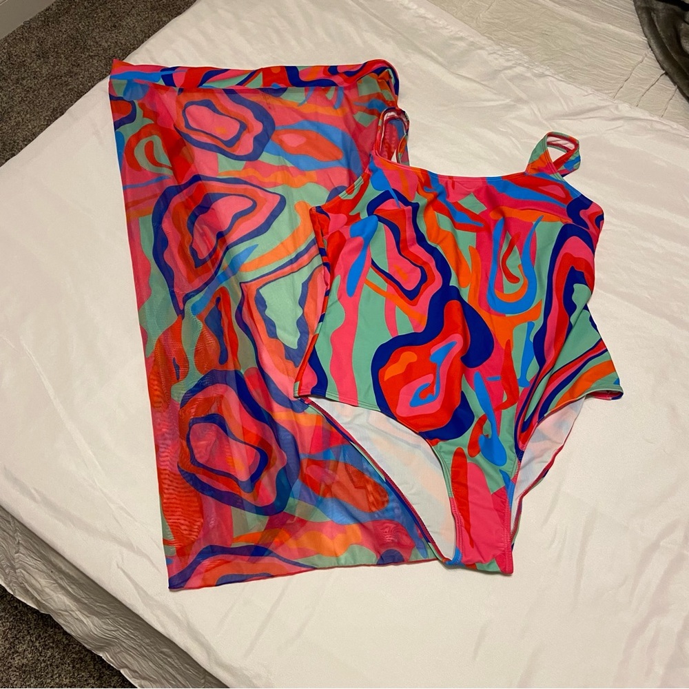 Vibrant Pink/Green One Piece Swimsuit with Wrap SZ XXL/16 - Picture 10 of 12
